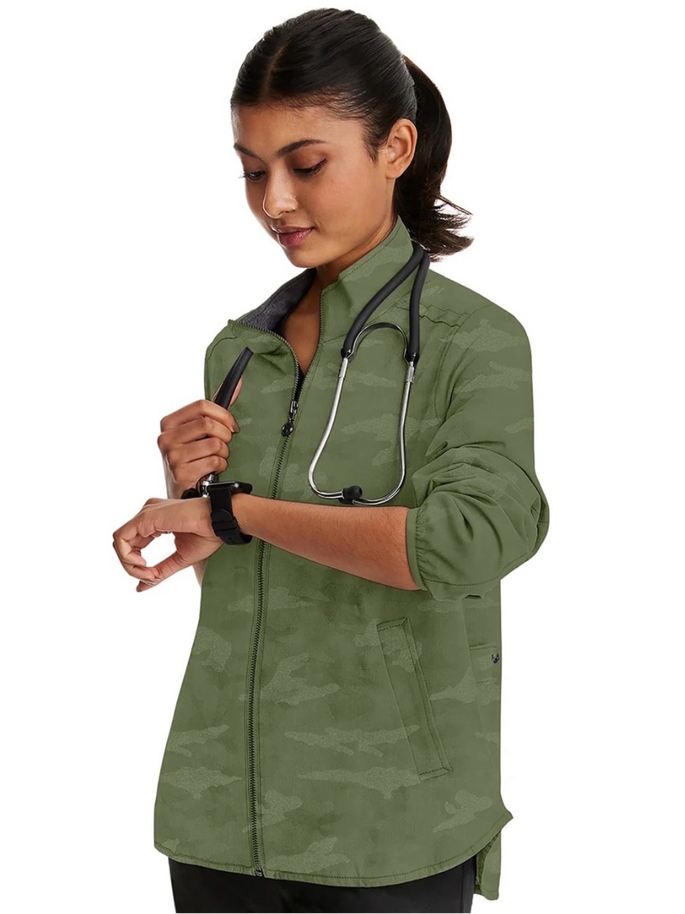 Healing Hands Purple Label Destini Camo Scrub Jacket (Style 5030) in Olive Green